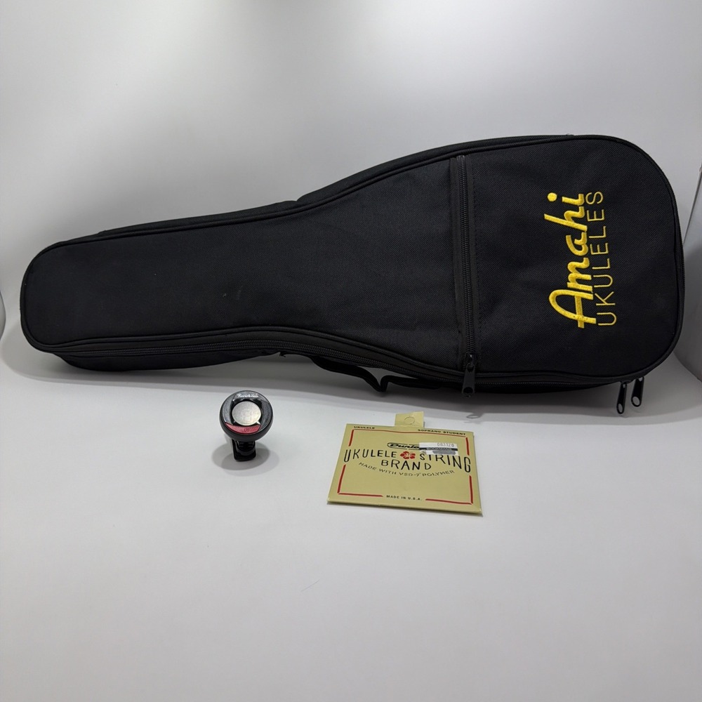 Amahi Soprano Ukulele Bundle Soft Case Reverb LT-21 Tuner Dunlop Strings Black